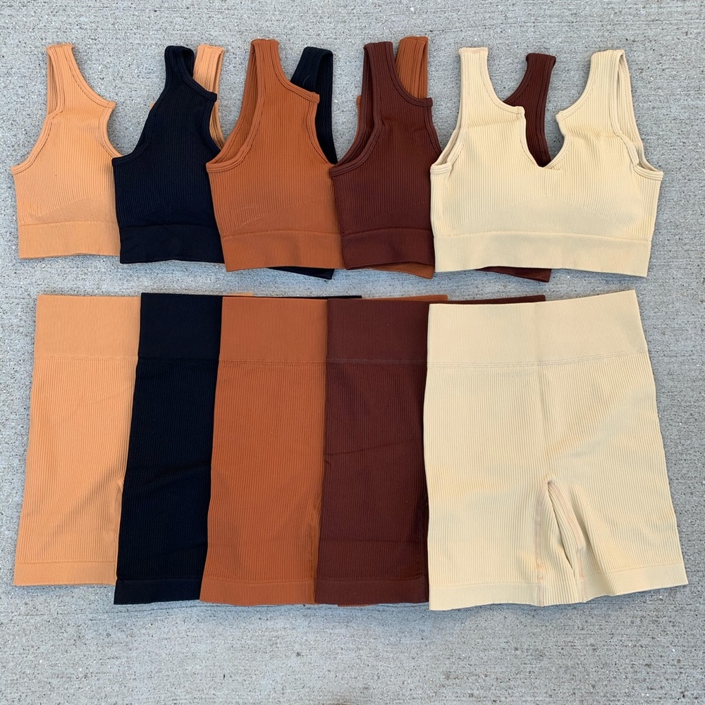 Neutral Brown Ribbed Activewear Biker Short Sets NWT - Picture 6 of 11